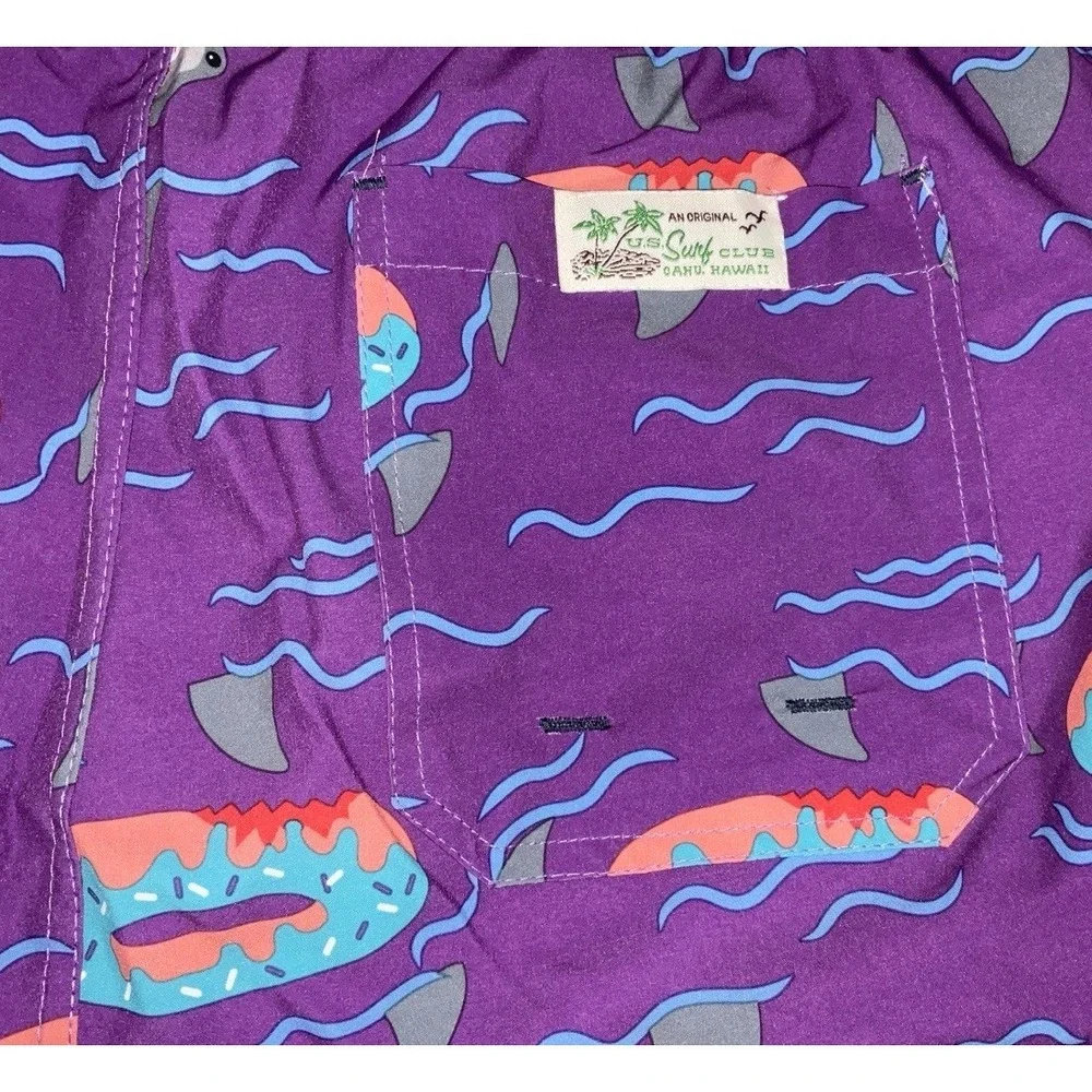 NWT Men's U.S. Surf Club Oahu, Hawaii Shark Donut Floaty Purple Swim Trunks - XL - Picture 5 of 6
